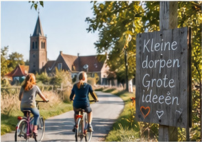 Twee fietsers op een smalle dorpsweg langs een kerkje, naast een houten bord met de tekst kleine dorpen, grote ideeën.